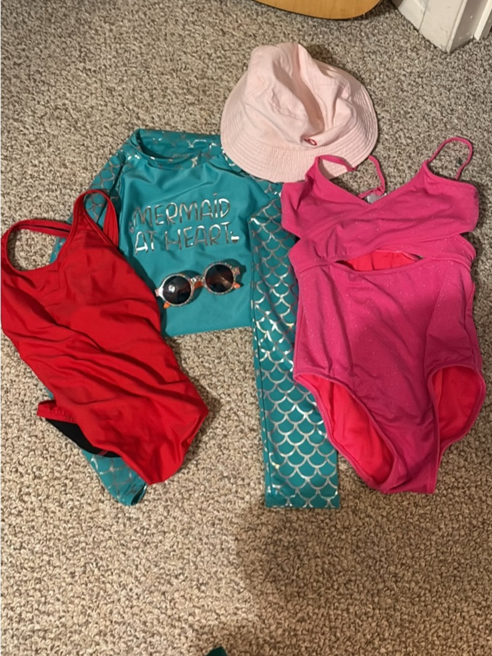 Summer bundle: 2 bathing suits, cover up, sunglasses, and sun hat. Girls 10/12